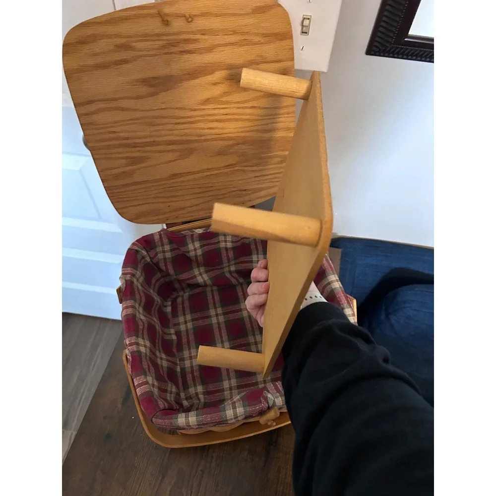 Woven Wood Picnic Basket with Hinged Lid Plaid Liner and Wooden Riser Insert